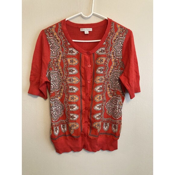 New York & Company Sweaters - New York & Company Women’s Button Cardigan Red Floral Short Sleeve Size XS